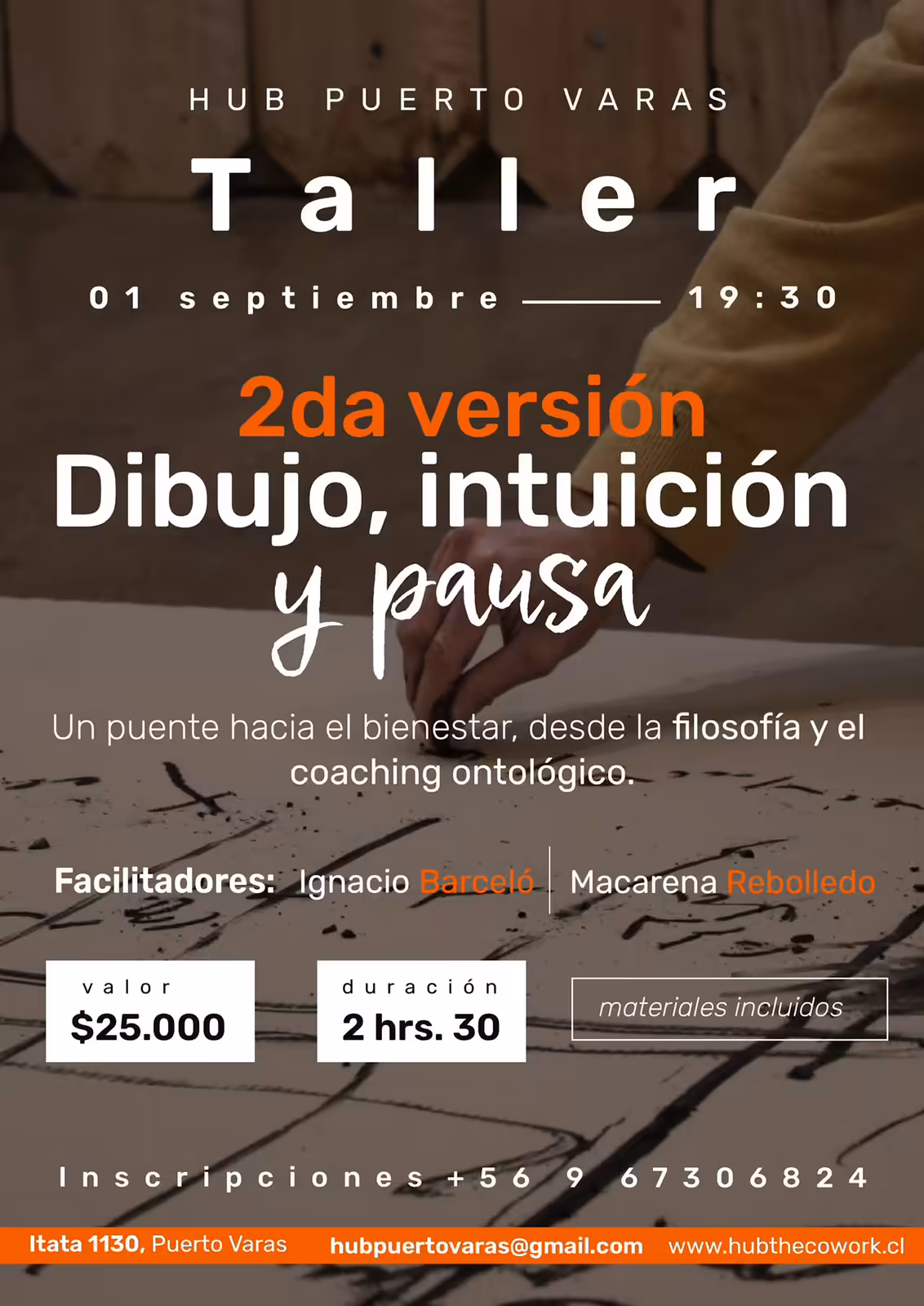 Afiche del taller "Dibujo, intuición y pausa" — HUB Puerto Varas, Itata 1130